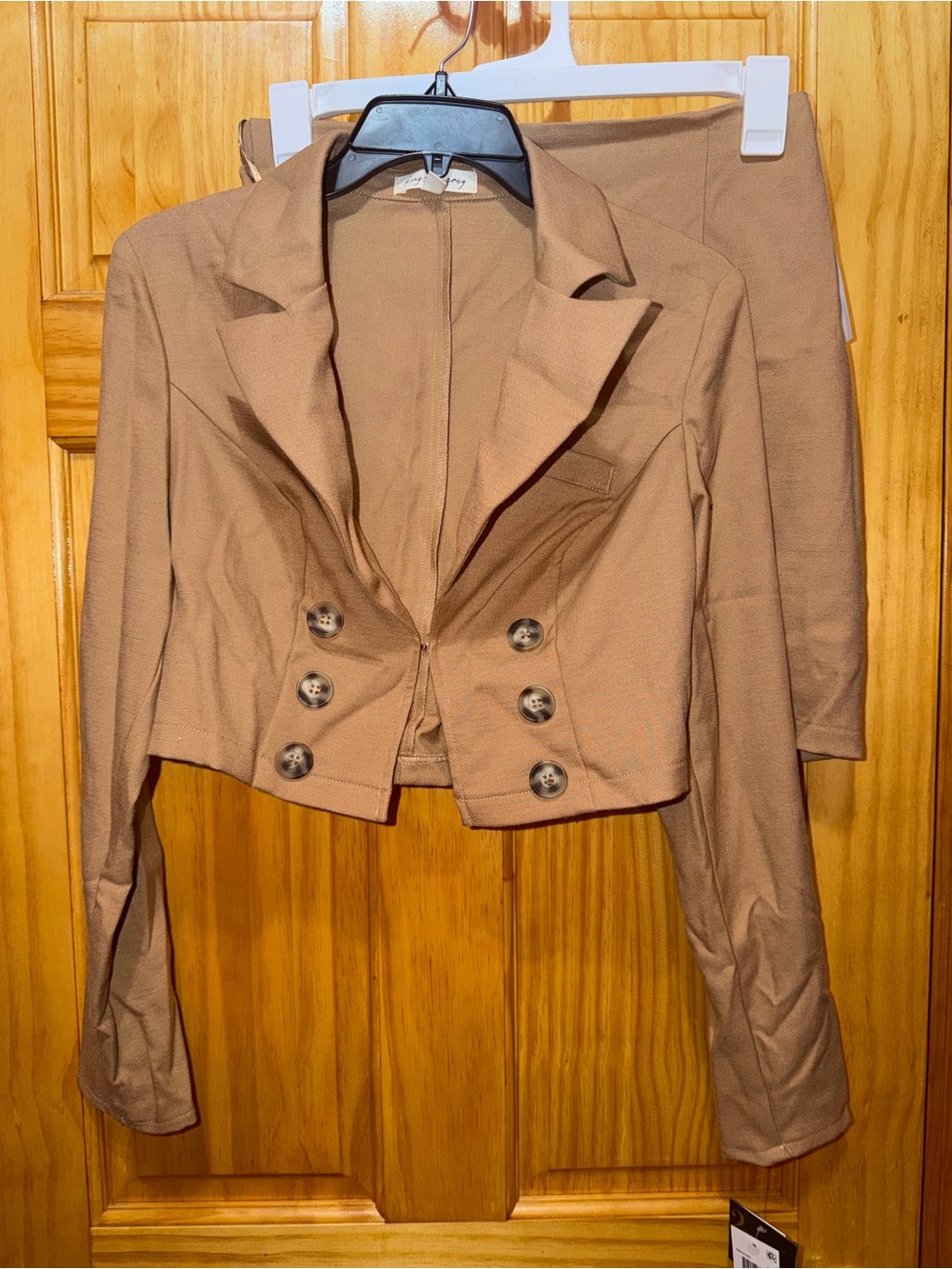 Kingston Gray Cropped Double-Breasted Blazer and Mini Skirt in Camel Brown